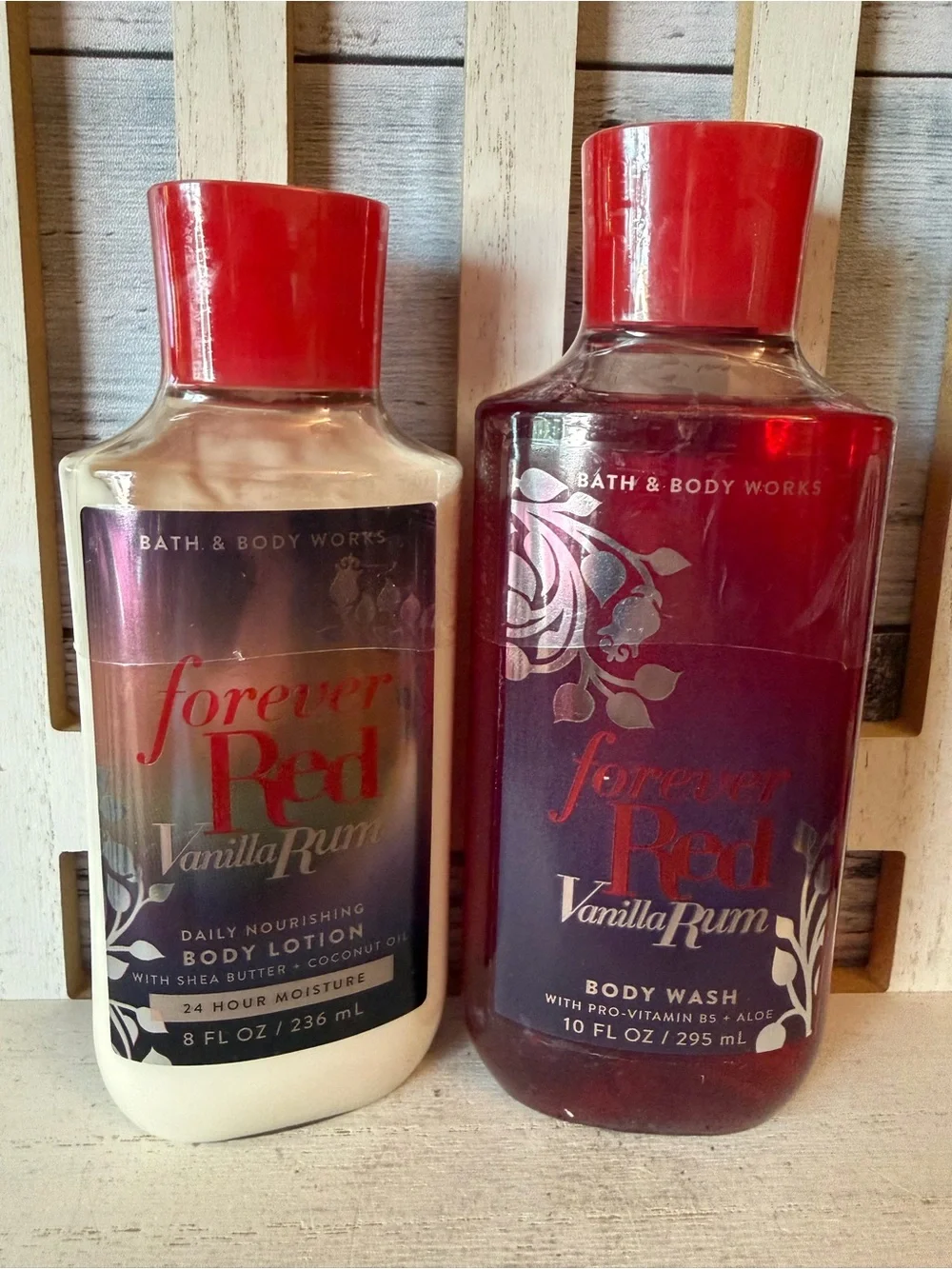 Bath & Body Works FOREVER RED VANILLA RUM 10oz Body Wash 8oz Body Lotion Set X2
